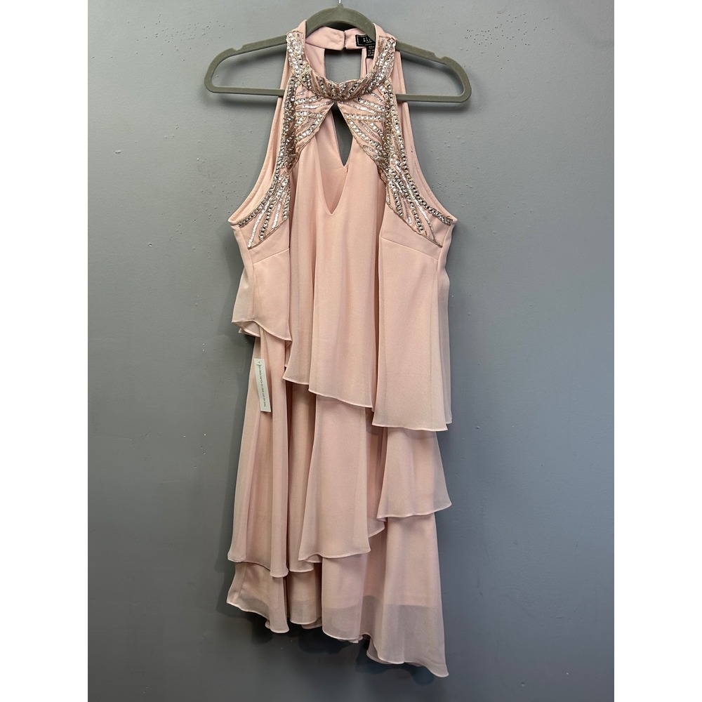 Lipsy London Dress Women 14 Blush Pink Halter Embellished Tiered Chiffon Party